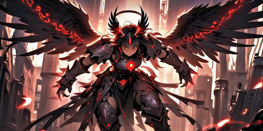 Ancient anime style, artbook, comicbook, RPG, futuristic medieval, steampunk.  A dark angel warrior, wearing medieval technological magic armor with glowing magic markings, dynamic pose, full body, human face with glowing magic tribal tattoos with red tones, angel features, black halo with glowing magic markings, magic red stone skin with glowing carved markings, glowing eyes, using a technological magic long spear with glowing magic circuits.  In a metropolis of a hellish kingdom with advanced technology, with tall buildings with neon details, mixing technology with magical vegetation, steampunk.  Wide scenery, cinematic scene with several layers of depth, dynamics, magical lighting.