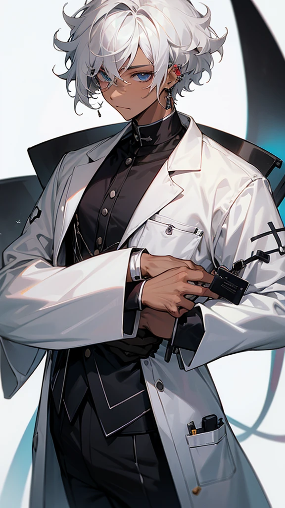 black male, short curly white hair with black tips, with doctor's lab coat, piercings e brincos
