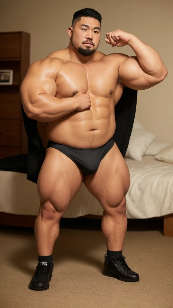 full body,(looking away:1.2), ( look:1.2), (at bed room:1.2), Japanese man, manly face, (round face:1.2), (crew cut:1.2), bearded, very large and strong body, bulky body, beefy muscles, (bulging muscles:1.2), (very large pectoral muscles:1.2), (muscular arms:1.2), muscular abs, muscular legs, muscular back, bright oily skin, (wearing black thong:1.1),(realistic:1.2), distant view

