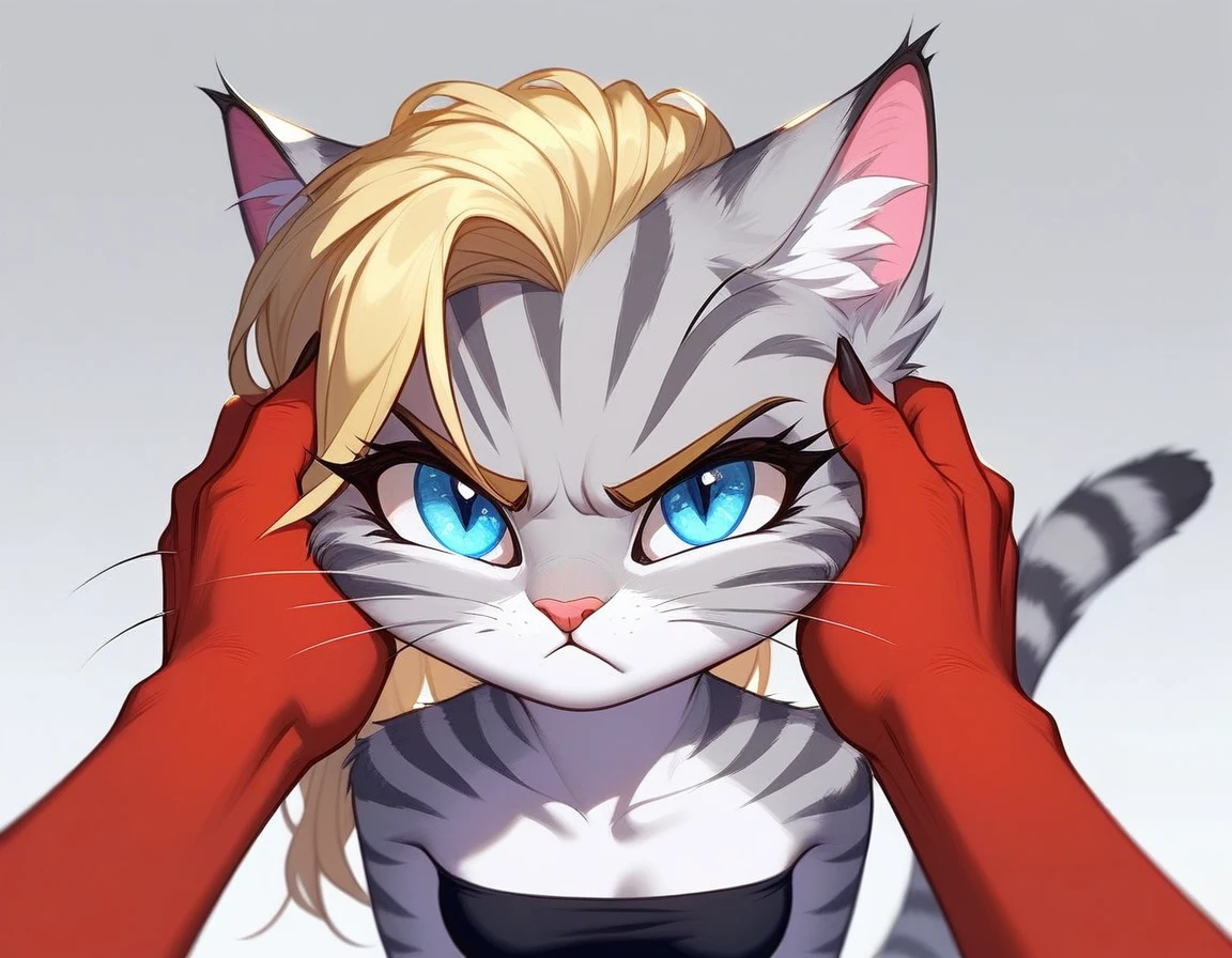 , score_9,score_8_up,score_7_up, source_furry, kat, Anthro furry feline, cute female, tall slender body, long blonde hair, long undercut hair, pink nose, :3, blue eyes, white whiskers, silver fur, grey stripes, furry body, pouting, grumpy, wearing black bandeau, BREAK, pov, pov viewer is holding her cheeks, viewer is a female red reptile, red reptile hands, simple grey background
