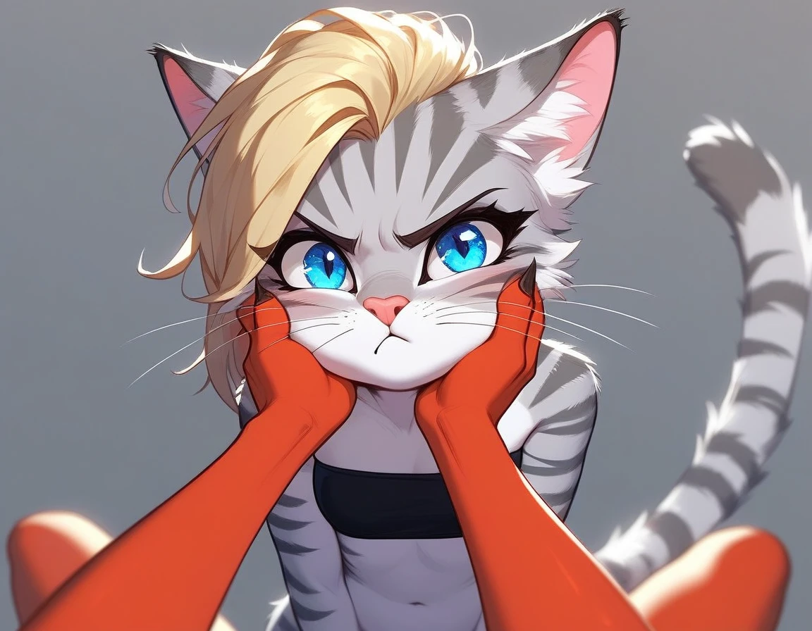 , score_9,score_8_up,score_7_up, source_furry, kat, Anthro furry feline, cute female, tall slender body, long blonde hair, long undercut hair, pink nose, :3, blue eyes, white whiskers, silver fur, grey stripes, furry body, pouting, grumpy, wearing black bandeau, BREAK, pov, pov viewer is holding her cheeks, viewer is a female red reptile, red reptile hands, simple grey background