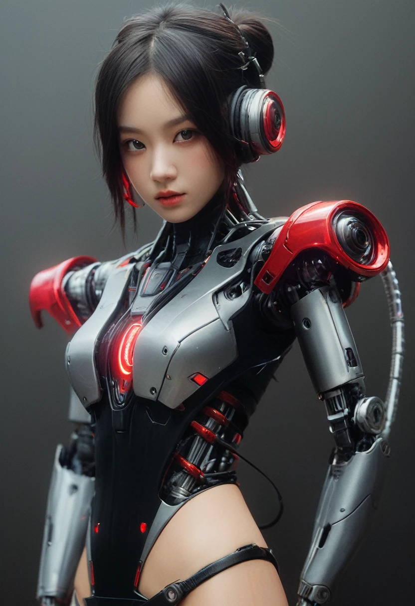 xxmixgirl. Highly detailed professional 35mm film, bokeh, face in sharp focus. A robotic female, Miku, with ((metal skin)), ((perfect Asian eyes)) with magenta irises and ((black pupils)), beautiful serious (detailed face), 18 year old ((photorealistic face)), very long magenta twin tails of magenta hair, twin black hair ties with a single red stripe. She may have a black audio headpiece. We can see her ((full body)) down to her boot soles. Her outfit is a sleeveless collared light grey shirt, outlined in red around the frilled collar and hems. Shiny reflective ((metallic breast cups, dimpleless)), invisible nipples. She wears black sleeves with red hems that start around her upper arm and bellow out as the sleeves open and extend to her wrists, with wide trumpet red rimmed cuffs. She has perfect robotic (detailed hands). She wears a red colored tie with two horizontal solid parallel black lines halfway across. She wears a fabric black skirt with a horizontal red hem at the bottom all the way around; her (((black skirt wraps around her))) and ((her skirt completely covers)) her robotic waist and thighs. Tall black boots with red bottom soles, a red rim around the top at her thighs. Her mechanical shoulder joints are visible. We can see her robotic legs and robotic neck. Half of her is covered with shiny polished machinery. The background is a distant dark neon futuristic Japanese city, gold, cyan, violet neon, near harbor or mountains.