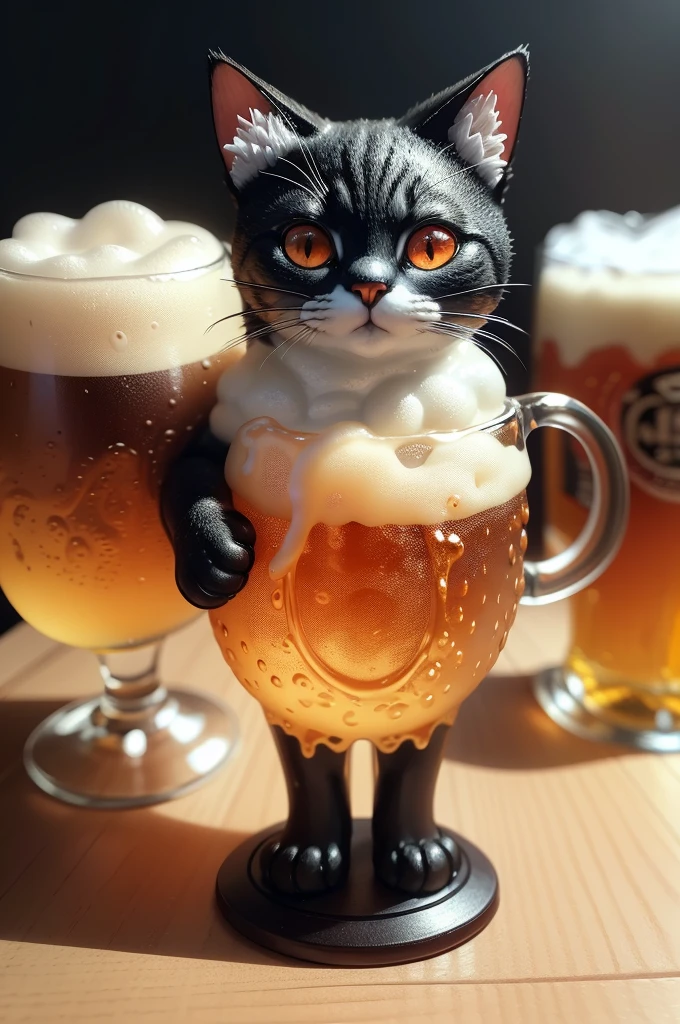 Fantasy beer on an intricate glass, made from cat sculptures, foam in the form of a cat, cat with red eyes, (absurdly charming cute, Standing in honor:1.2), beer foam , (Beer foam texture :1.3),