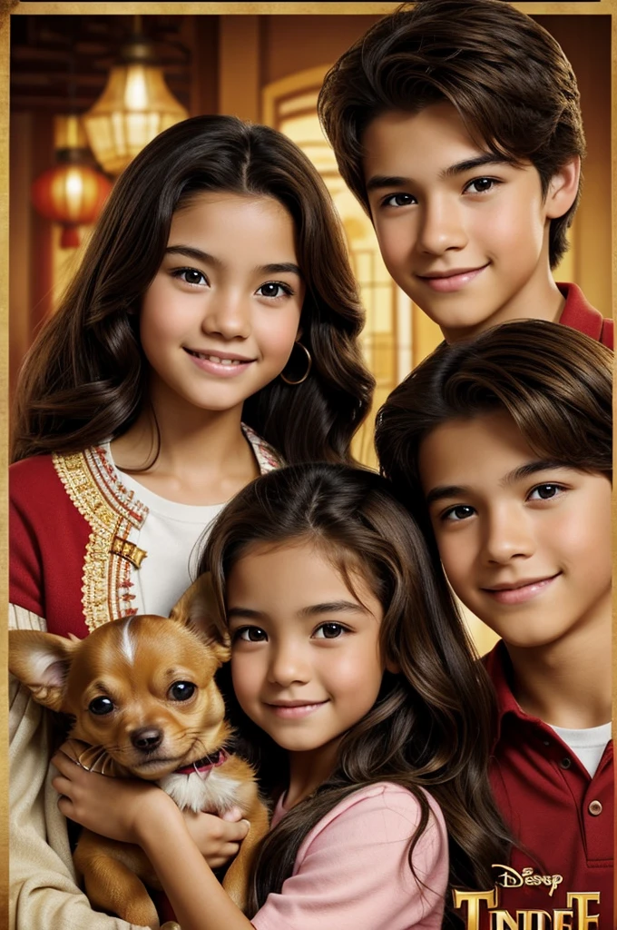 A cute Disney type poster with TWO adults aged 19.
that the girl has wavy brown hair with honey-colored eyes and light skin and the boy has black Chinese hair with honey-colored eyes and his skin is brown that they are carrying a skinny Chihuahua puppy with light brown fur and eyes black color