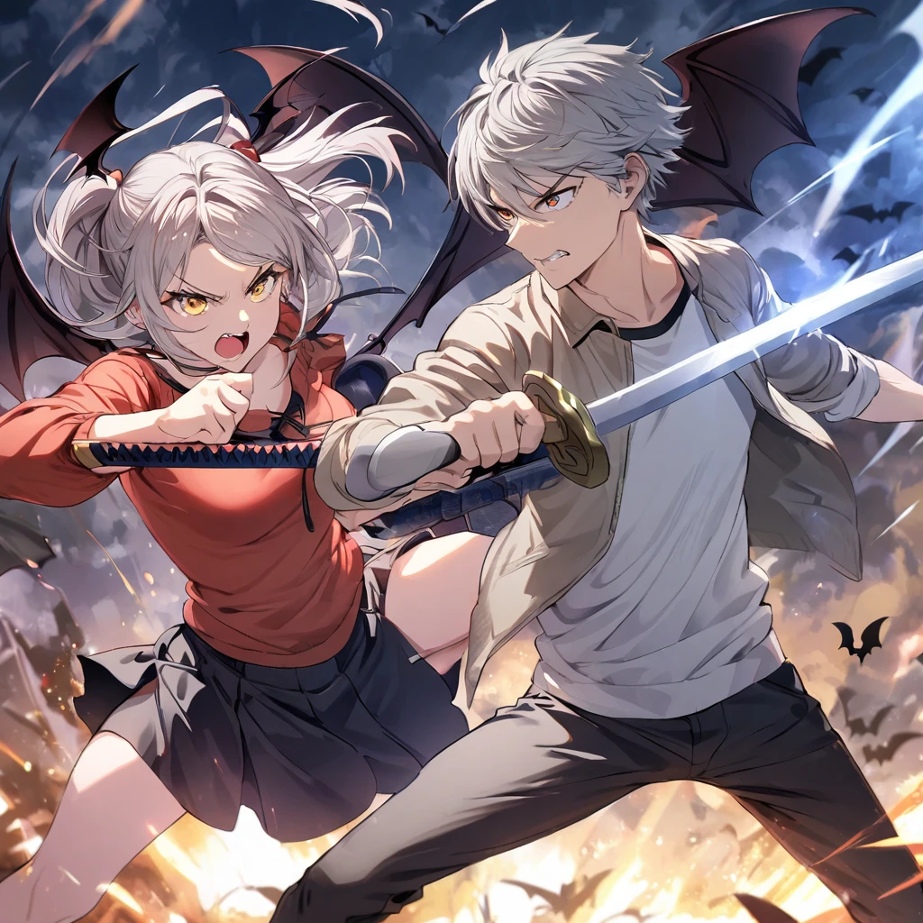 Light gray hair, sword fighting, golden eyes, cool casual, red makeup, bat wings