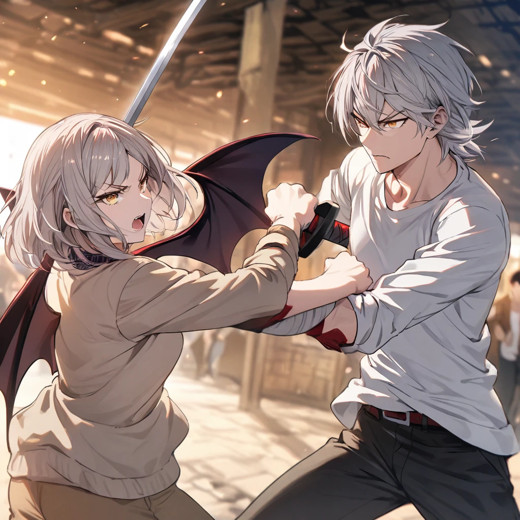 Light gray hair, sword fighting, golden eyes, cool casual, red makeup, bat wings