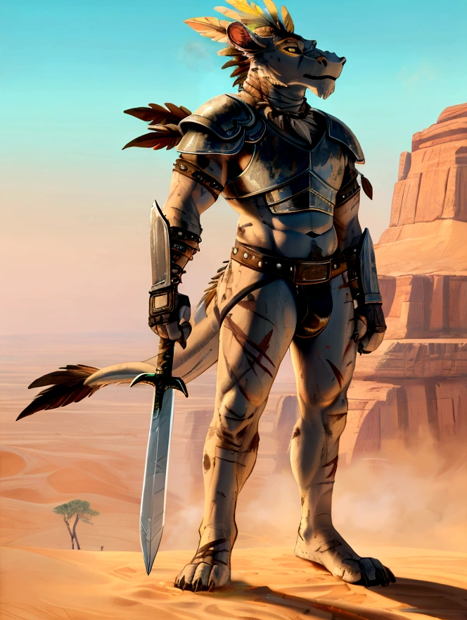 Solo Sexy young anthro scalie dragon male rebel desert tribal warrior, slim endomorph muscular, anthro handsome gay shorter muzzle, handsome gay model male apperance, sword scars, worn out leather skimpy armament, low on hips heavy leather belt, old very worn out skimpy dirty linen material tribal jockstrap, old white dirty worn out yellow stains on white sawn jockstrap, very visible "x" brown seam pattern on the jockstrap, studded with bones skimpy tribal armlets tribal breastplate armor, skimpy bones tribal breastplate, leather bondages, fingerless leather gloves, smelly unwashed husk, dirty body look, desert battlefield, standing in sexy fighting position, legs wide open, close view of full character