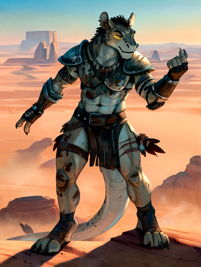 Solo Sexy young anthro scalie dragon male rebel desert tribal warrior, slim endomorph muscular, anthro handsome gay shorter muzzle, handsome gay model male apperance, sword scars, worn out leather skimpy armament, low on hips heavy leather belt, old very worn out skimpy dirty linen material tribal jockstrap, old white dirty worn out yellow stains on white sawn jockstrap, very visible "x" brown seam pattern on the jockstrap, studded with bones skimpy tribal armlets tribal breastplate armor, skimpy bones tribal breastplate, leather bondages, fingerless leather gloves, smelly unwashed husk, dirty body look, desert battlefield, standing in sexy fighting position, legs wide open, close view of full character