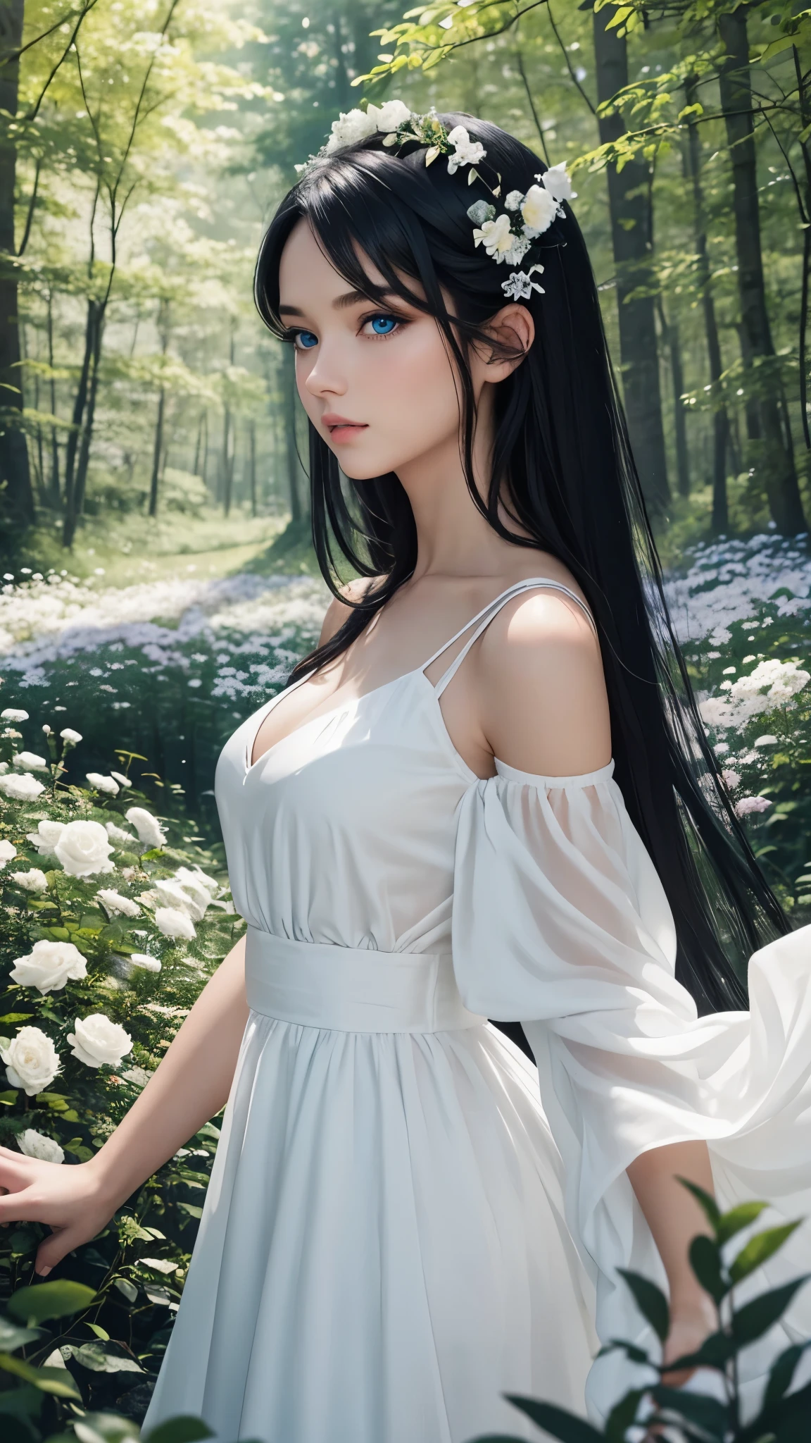 Beautiful girl with blue eyes and black hair wearing an elegant white dress in a beautiful forest full of flowers  