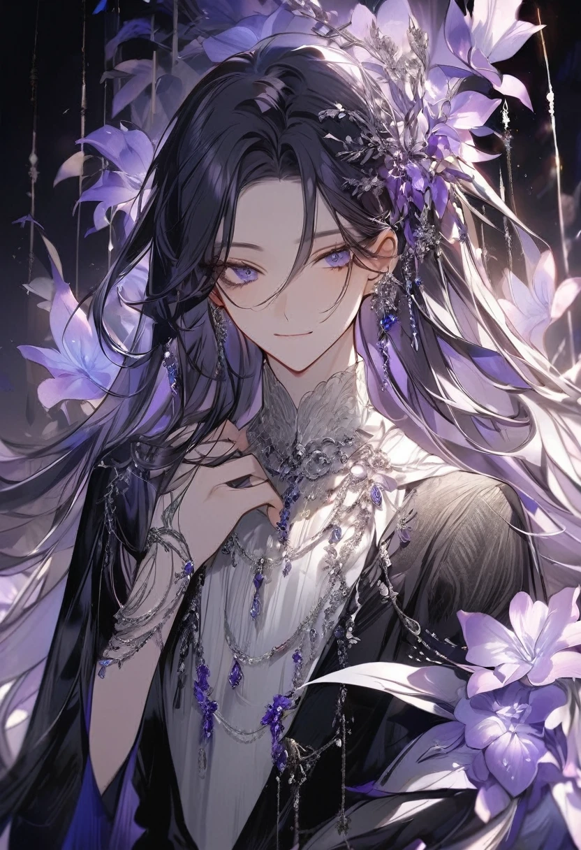 Feminine boy, soft womanish facial features, smile, squinted siren dark blue eyes without glare, silver and dark purple long loose hair with straight bang, fantasy black clothes with blue and purple elements, long black gloves, model, gorgeous, elegant, lots of silver jewelry, flowers in his hair, skinny body