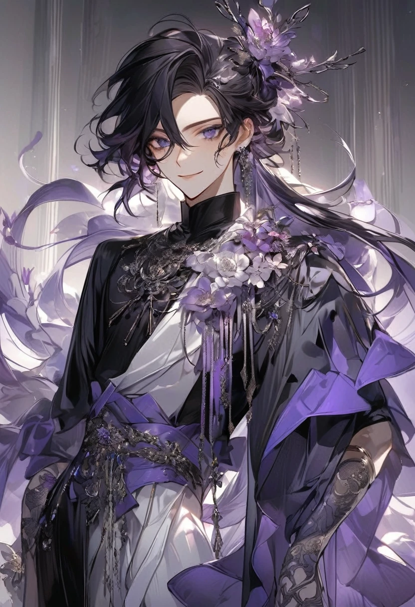 Feminine boy, soft womanish facial features, smile, squinted siren dark blue eyes without glare, silver and dark purple long loose hair with straight bang, fantasy black clothes with blue and purple elements, long black gloves, model, gorgeous, elegant, lots of silver jewelry, flowers in his hair, skinny body