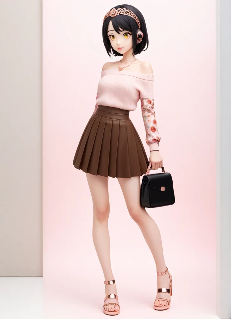 //Character
1 girl, short black hair, red flower diadem, yellow eyes
Blake.
//Fashion 
Tech-savvy fashionista
This outfit was designed for the tech-savvy modern girl who loves to stay connected.The key item is a pair of trendy wireless earbuds in rose gold.They are paired with a casual yet chic outfit.The top is a fitted off-the-shoulder knit sweater in a soft pastel pink with a high-waisted pleated midi skirt in a floral print that complements it, 
BREAK.
On the feet, a pair of low-heeled strappy sandals are perfect for going out.Accessories include a matching rose gold smart watch, a sophisticated leather crossbody bag, and a delicate layered necklace,
BREAK