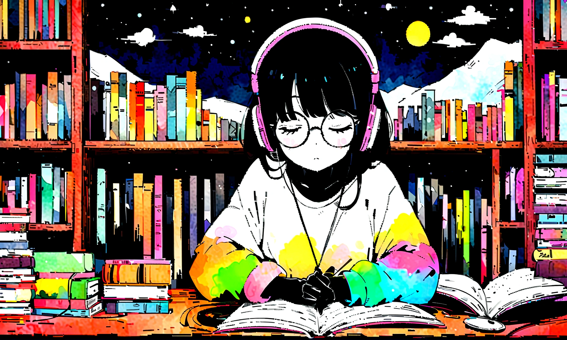 masterpiece, high quality cg, black anime, illustration, best quality, 1 black girl, black skin, no hands visible, beautiful face, detailed face, correct hand shape dokkaebi, solo, looking at viewer, black hair, round glasses , hair behind the ears, anime girl studyin, in her room, dreaming, wearing headphones, too many books, bookshelves, night light, big window view, snowy day, too much snow. Analog color theme. Lo-Fi Hip Hop, retrospective flat. 2.5D. Line Drawing, Ink Painting, Big Gradient, Watercolor Painting, Goose Color, Studio Ghibli Style, Cool Colorful, Outer Color, krautrock, lofi art, 70's style, old textures, amplitude, psychedelic vibes, masterpiece, Amazing technology. dita complete delle mani mani perdfette mani e dita