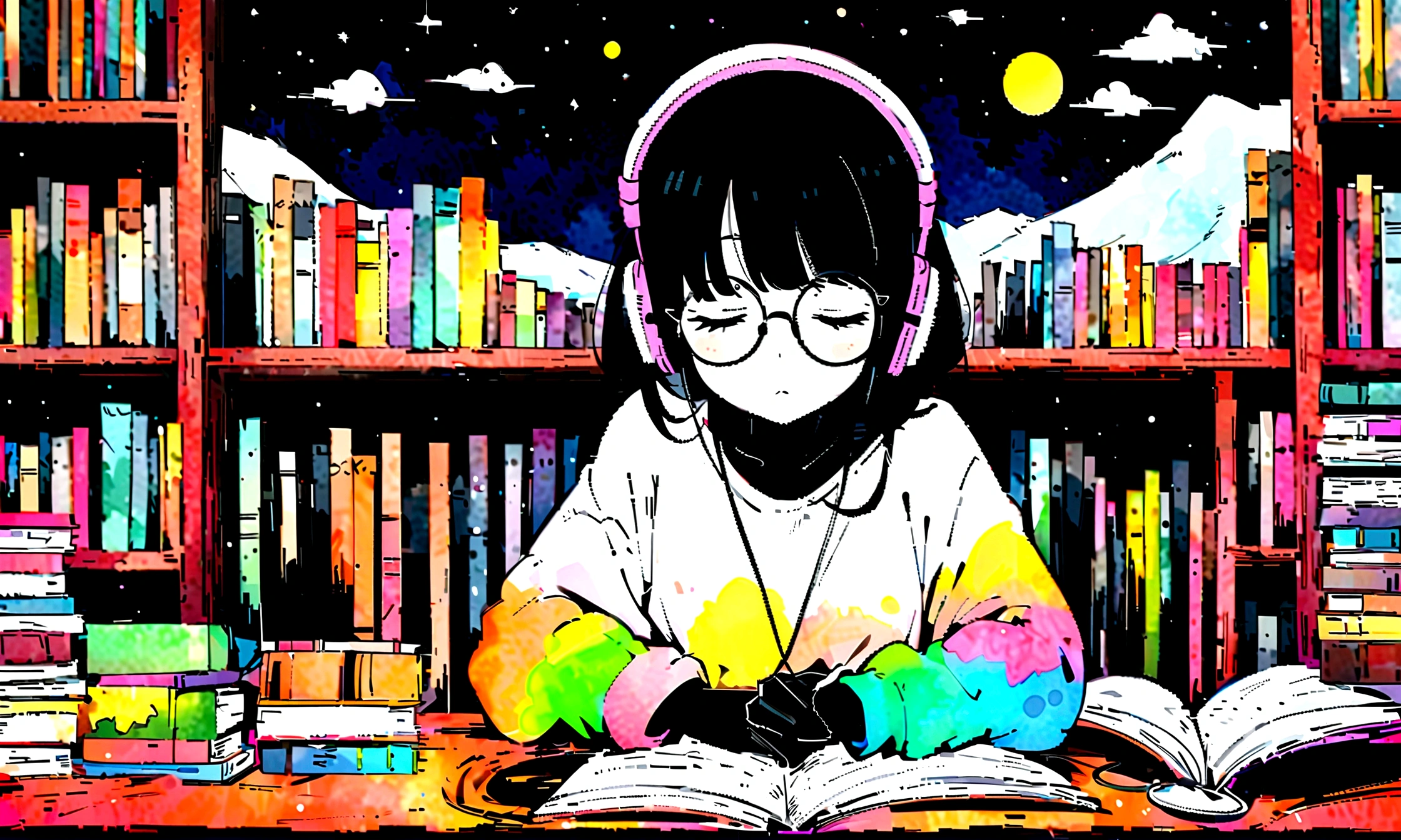 masterpiece, high quality cg, black anime, illustration, best quality, 1 black girl, black skin, no hands visible, beautiful face, detailed face, correct hand shape dokkaebi, solo, looking at viewer, black hair, round glasses , hair behind the ears, anime girl studyin, in her room, dreaming, wearing headphones, too many books, bookshelves, night light, big window view, snowy day, too much snow. Analog color theme. Lo-Fi Hip Hop, retrospective flat. 2.5D. Line Drawing, Ink Painting, Big Gradient, Watercolor Painting, Goose Color, Studio Ghibli Style, Cool Colorful, Outer Color, krautrock, lofi art, 70's style, old textures, amplitude, psychedelic vibes, masterpiece, Amazing technology. dita complete delle mani mani perdfette mani e dita