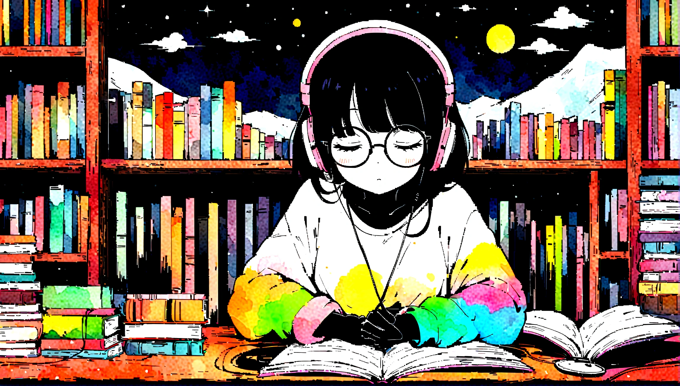 masterpiece, high quality cg, black anime, illustration, best quality, 1 black girl, black skin, no hands visible, beautiful face, detailed face, correct hand shape dokkaebi, solo, looking at viewer, black hair, round glasses , hair behind the ears, anime girl studyin, in her room, dreaming, wearing headphones, too many books, bookshelves, night light, big window view, snowy day, too much snow. Analog color theme. Lo-Fi Hip Hop, retrospective flat. 2.5D. Line Drawing, Ink Painting, Big Gradient, Watercolor Painting, Goose Color, Studio Ghibli Style, Cool Colorful, Outer Color, krautrock, lofi art, 70's style, old textures, amplitude, psychedelic vibes, masterpiece, Amazing technology. dita complete delle mani mani perdfette mani e dita
