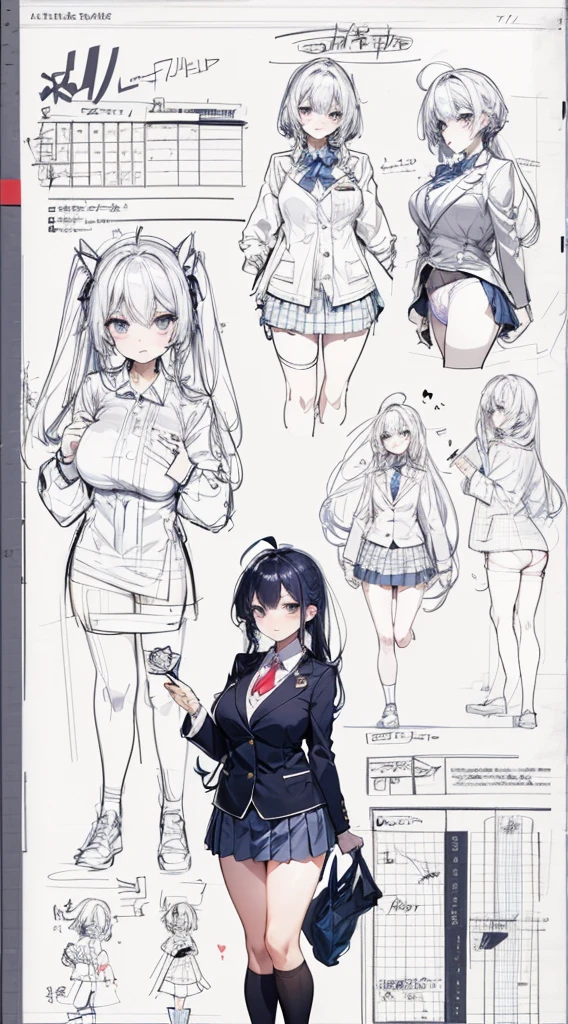 girl, alone, whole body, From head to toe, Are standing, (Huge_chest:1.3),

Character design sheet, Character Reference Sheet, 設計図のSchematic, Drafting, Blueprint, Schematic,
((Character design sheet:1.7, Character Reference Sheet:1.7,)),

anime/cartoon character wearing a girls , 1girl, alone, Thigh-high socks, blazer burezaa (blazer), Ahoge, Long Hair, bow, , shoes, loafers, ribbon, (Very short skirt:1.4), (panties:1.5),, (Good:1.5),In underwear:1.5,nsfw