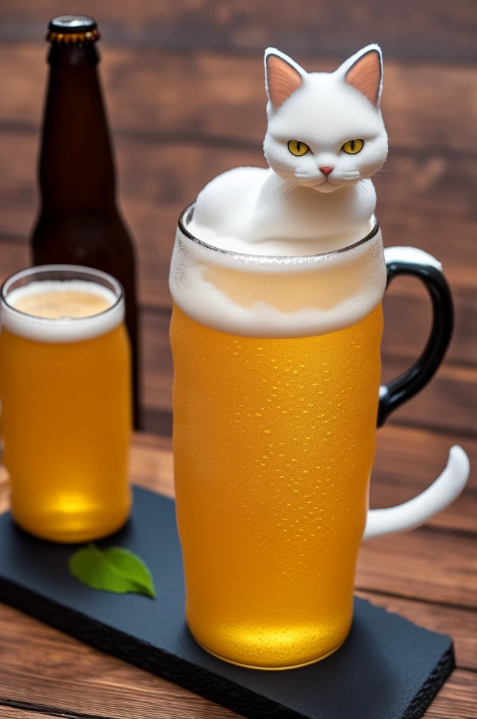 Fantasy beer on an intricate glass, made from cat sculptures, foam in the form of a cat, cat with red eyes, (absurdly charming cute, Standing in honor:1.2), beer foam , (Beer foam texture :1.3),
