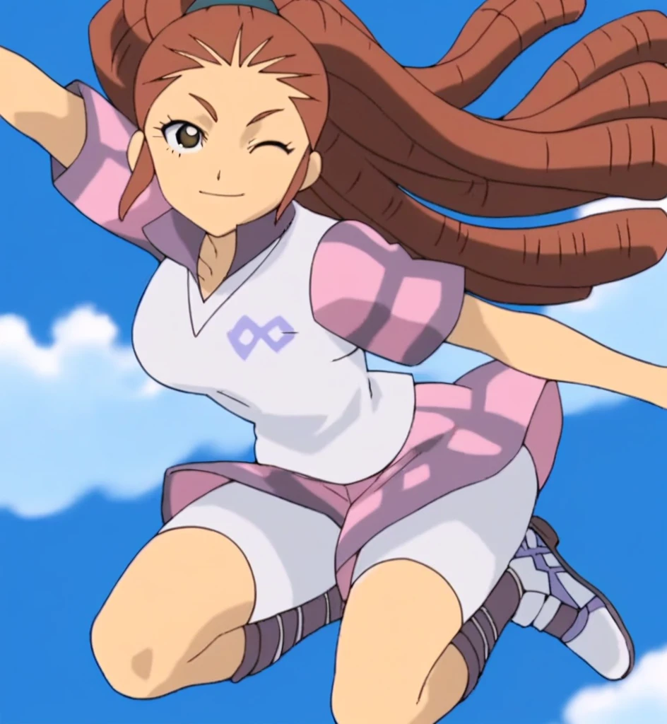 score_9, score_8_superior, score_7_superior, score_6_superior, score_5_superior, score_4_superior, sauce_anime, One girl, Mido Reika, Dreadlocks, Long Hair, High Ponytail, Brown eyes, Pause,, smile, View your viewers, Big Breasts ballerina ballet Anne O Wink heart Infatuated Dancing with the girls