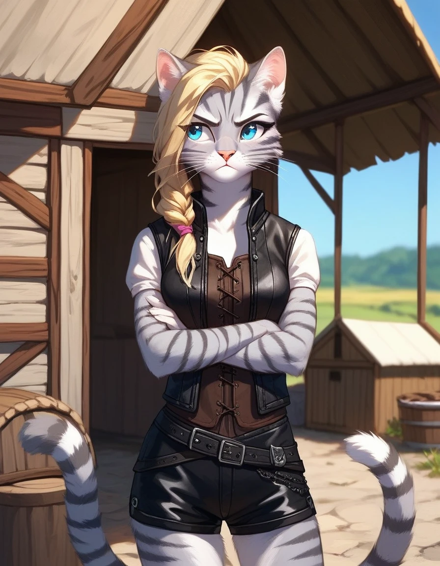Solo, score_9,score_8_up,score_7_up, source_furry, kat, Anthro furry feline, female, tall slender body, long blonde hair, undercut hair, pink nose, :3, blue eyes, white whiskers, silver fur, grey stripes, furry body, wearing black cloth vest, black leather medieval vest, black short shorts, adventuring gear, standing, outdoors, pouting, arms crossed, looking away, at a campsite, seductive stance