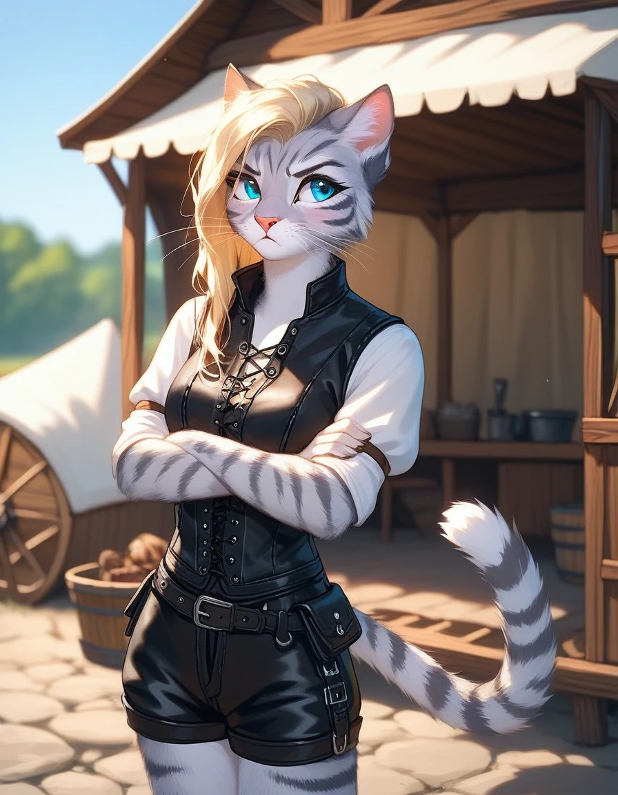 Solo, score_9,score_8_up,score_7_up, source_furry, kat, Anthro furry feline, female, tall slender body, long blonde hair, undercut hair, pink nose, :3, blue eyes, white whiskers, silver fur, grey stripes, furry body, wearing black cloth vest, black leather medieval vest, black short shorts, adventuring gear, standing, outdoors, pouting, arms crossed, looking away, at a campsite, seductive stance