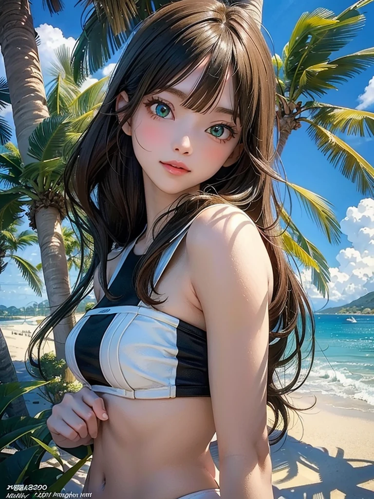 masterpiece, rich colors, Best quality, detailed, high resolution, Hyper quality, high detail, , high quality, detailing, skinny sexy girl on the beach , bright lighting , green eyes, Anime, palm trees, bright lighting,