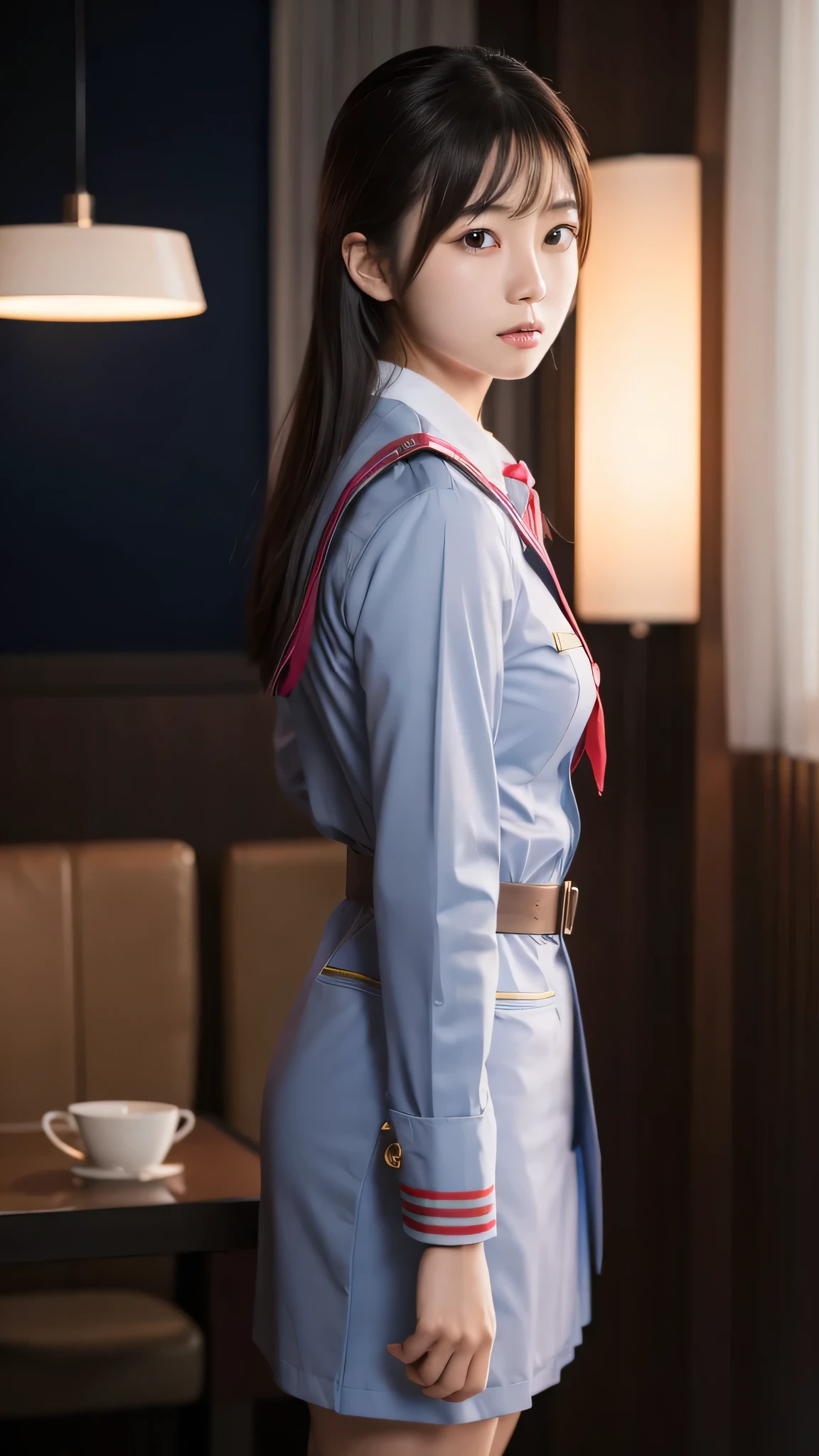 A beautiful young Japanese woman, around 20 years old, wearing a stewardess uniform, ultra-detailed, 8K resolution, highly realistic, cinematic lighting, best quality, masterpiece, photorealistic, physically-based rendering, extremely detailed, vivid colors, professional, sharp focus, studio lighting