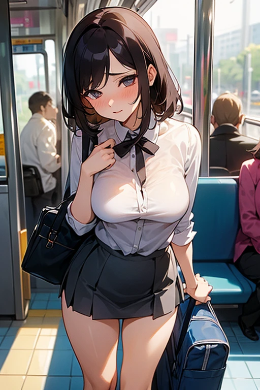 beautiful woman traveling on public transportation, very tight blouse, sensual view, miniskirt that lets her see her hairy pussy, next to her a man with a big penis, rubs it on her beautiful pussy, and cums on her. explicit sex