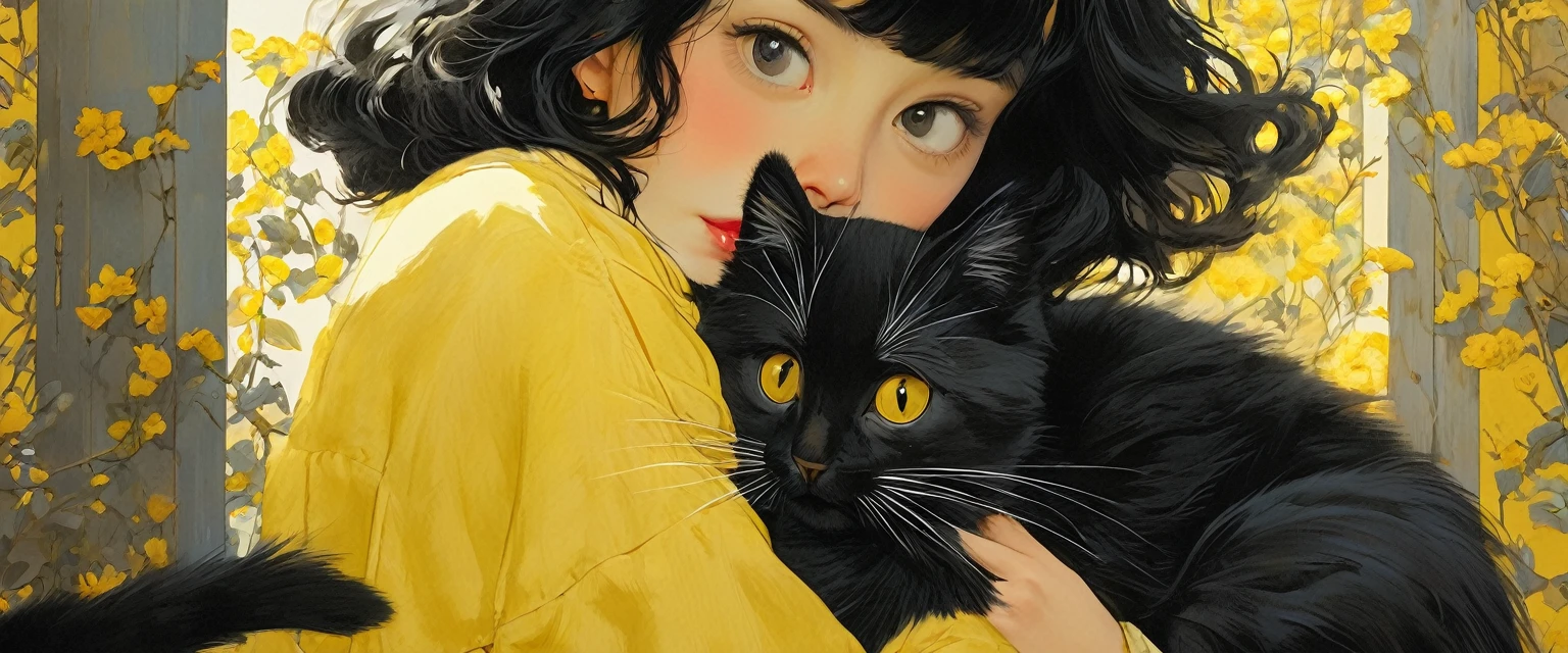 masterpiece, best quality, ultra-detailed, illustration,, 1girl, black hair, with a yellow cat in hands