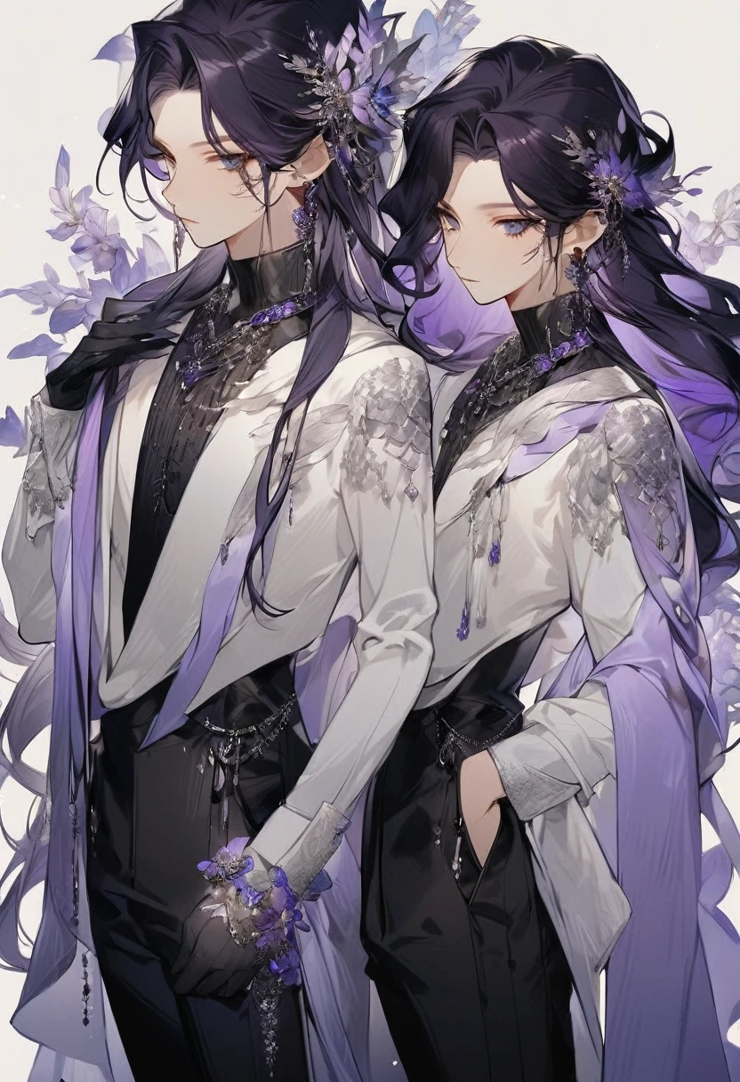 Feminine boy, soft womanish facial features, smile, squinted siren dark blue eyes without glare, silver and dark purple long loose hair with straight bang, fantasy black fit clothes with blue and purple elements, long black gloves, model, gorgeous, elegant, lots of silver jewelry, flowers in his hair, skinny body, pants