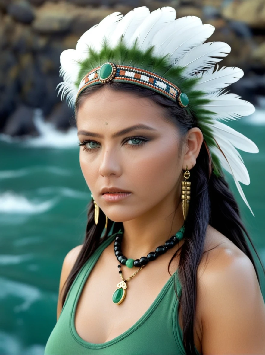 ((director), (great quality), (realistic), (full portrait), (half frame), solo, detailed background, detailed face, (stonepunk, stone theme: 1.1), wise, (woman), (Native American), (beautiful hair, pigtails:0.2), shaman, nasal septum piercing, mystical, (gorgeous face), stunning, head thrown back, (eyes open, serene expression), calm, meditating, sea-green clothing, rosary beads, tribal jewelry, feathers in hair, headdress: 0.33, jade, obsidian, detailed clothing, neckline, realistic skin texture (floating particles, whirlpool, embers, ritual, vortex, wind: 1.2), clear focus, volumetric lighting, good glare, good shading, subsurface scattering, complex, with high detail, (cinematic), dramatic, (highest quality, award-winning, masterpiece: 1.5), (photorealistic: 1.5), (complex symmetrical war coloring: 0.5),, photorealism, in HD, hyperrealism,