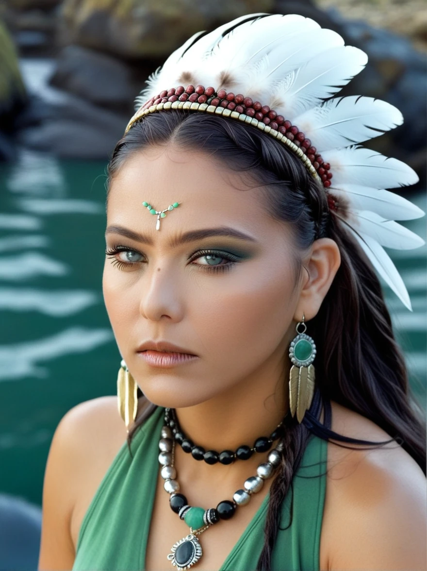 ((director), (great quality), (realistic), (full portrait), (half frame), solo, detailed background, detailed face, (stonepunk, stone theme: 1.1), wise, (woman), (Native American), (beautiful hair, pigtails:0.2), shaman, nasal septum piercing, mystical, (gorgeous face), stunning, head thrown back, (eyes open, serene expression), calm, meditating, sea-green clothing, rosary beads, tribal jewelry, feathers in hair, headdress: 0.33, jade, obsidian, detailed clothing, neckline, realistic skin texture (floating particles, whirlpool, embers, ritual, vortex, wind: 1.2), clear focus, volumetric lighting, good glare, good shading, subsurface scattering, complex, with high detail, (cinematic), dramatic, (highest quality, award-winning, masterpiece: 1.5), (photorealistic: 1.5), (complex symmetrical war coloring: 0.5),, photorealism, in HD, hyperrealism,