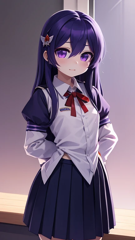 2d, work of art, best qualityer, アニメ, highy detailed, 1 girl, standing alone, yuri, purples eyes, cabelo roxo, hair between the eyes, hair clip, schoolar uniform, yandere face