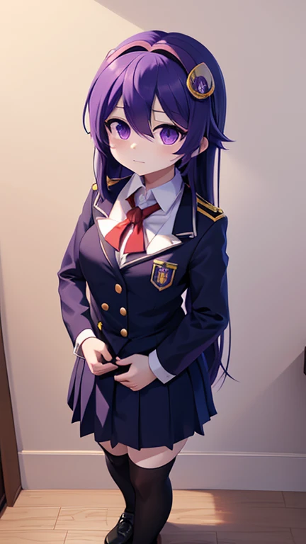 2d, work of art, best qualityer, アニメ, highy detailed, 1 girl, standing alone, yuri, purples eyes, cabelo roxo, hair between the eyes, hair clip, schoolar uniform, yandere face
