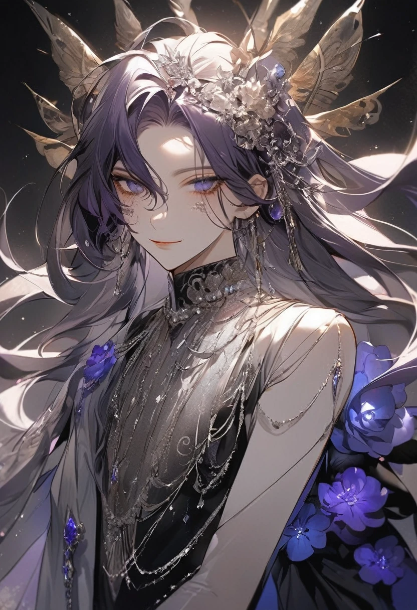 Feminine boy, soft womanish facial features, smile, squinted siren dark blue eyes without glare, silver and dark purple long loose hair with straight bang, fantasy black clothes with blue and purple elements, long black gloves, model, gorgeous, elegant, lots of silver jewelry, flowers in his hair, skinny body