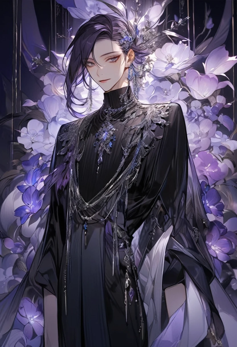 Feminine boy, soft womanish facial features, smile, squinted siren dark blue eyes without glare, silver and dark purple long loose hair with straight bang, fantasy black clothes with blue and purple elements, long black gloves, model, gorgeous, elegant, lots of silver jewelry, flowers in his hair, skinny body