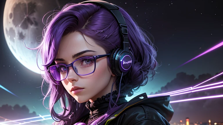 Good retro wave, A girl with glasses, purple hair, a violin on the dirt road, with headphones from ear, naturey, blue neon lights, purple and green, in the background full moon with flow of energy, Eiffel Tower, night sky, futurist, (work of art, ultra detaild, A high resolution) , I DON'T WANT HUMANS, There is a flow of energy, very real scenario, clear shades of purple and blue, ultra details.