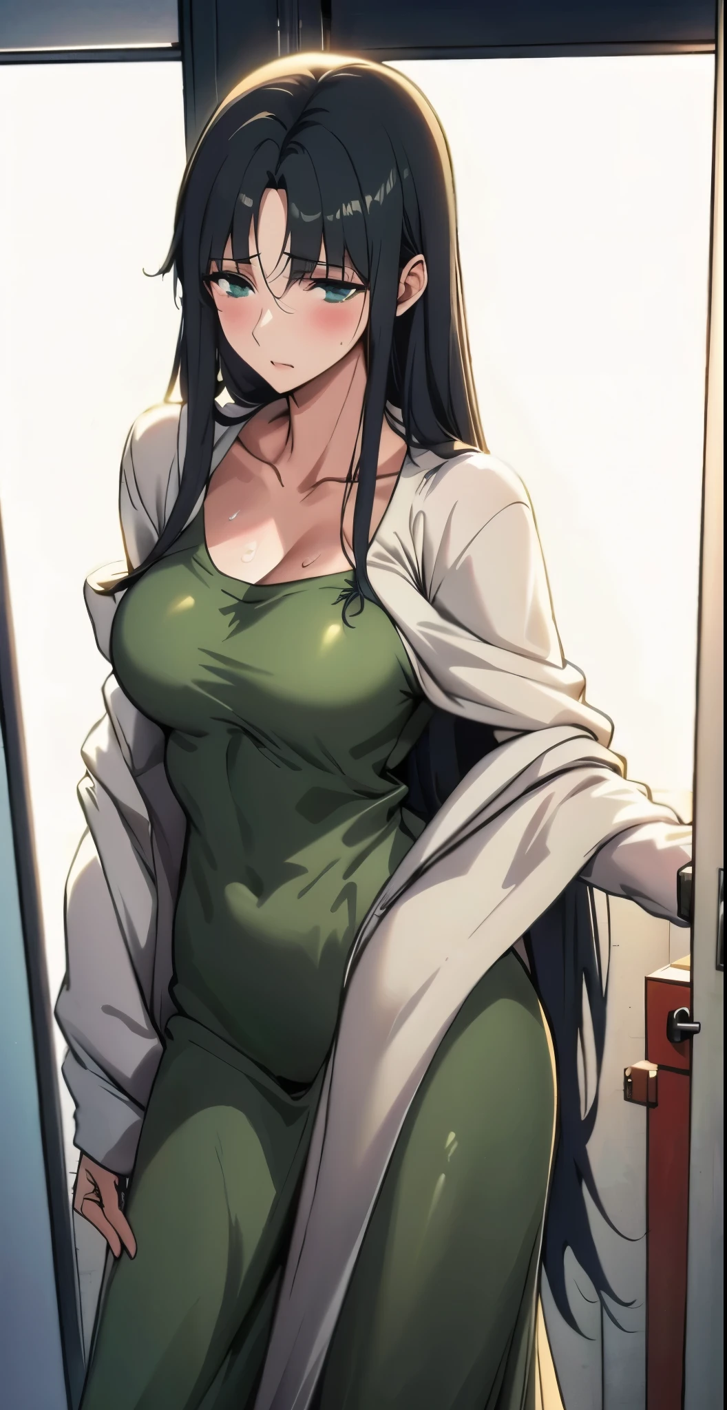 Tōsaka Aoi from "Fate/Zero" standing in a doorway. She has long, straight black hair and a gentle expression. She is wearing a long-sleeved light green dress with a bow at the collar and a white shawl draped over her shoulders. Her hair is slightly damp, indicating she might have been sweating. She is holding the door handle with her left hand, and the door is slightly ajar. The setting is an indoor space, and the lighting is soft, emphasizing her calm and approachable demeanor.
