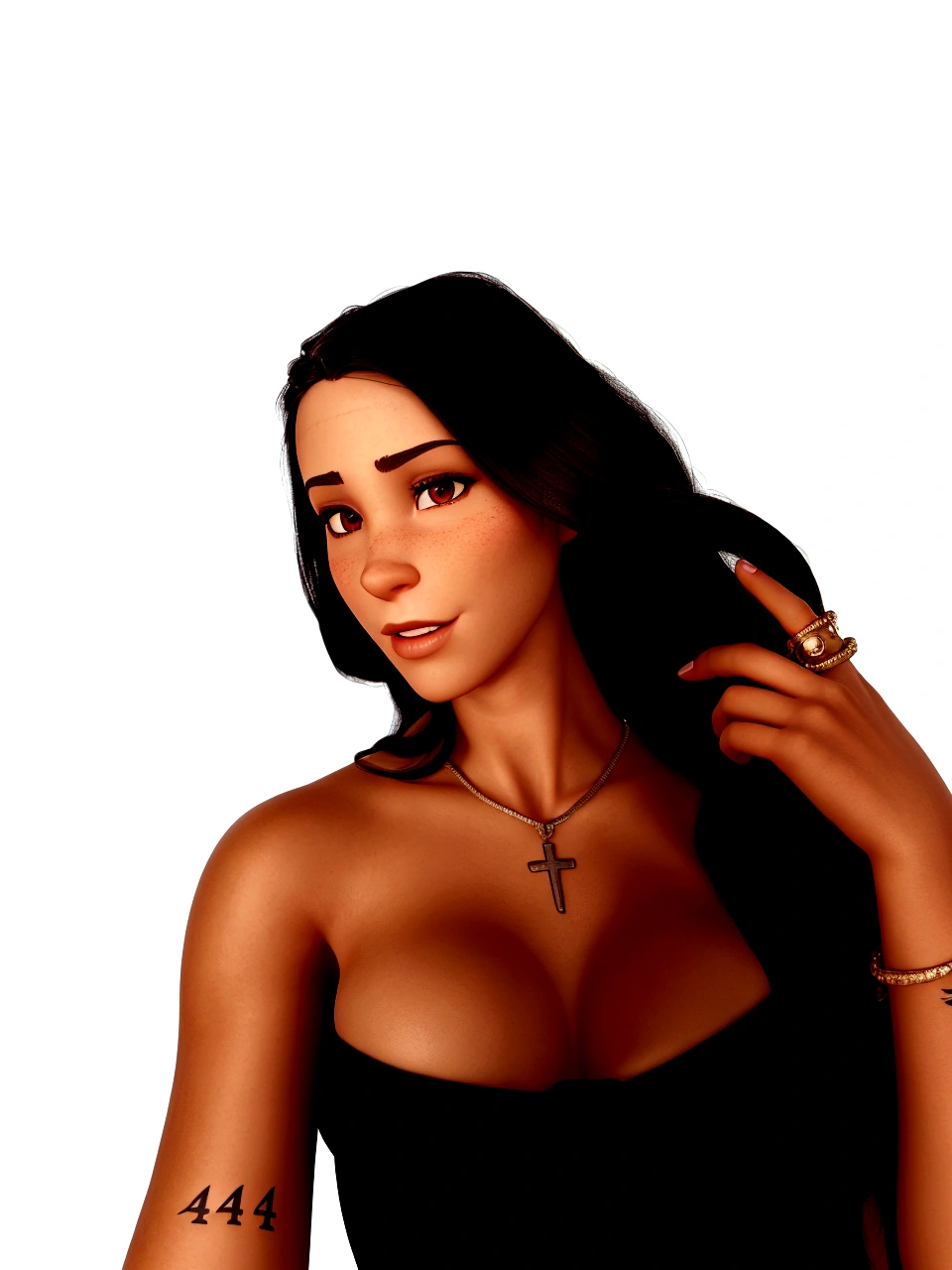 There is a woman with a cross tattoo on her arm, rendering of mirabel madrigal, seductive tifa lockhart portrait, tifa lockhart portrait, portrait of tifa lockhart, glamorosa tifa lockheart, detailed long black hair, April rendering, tifa lockhart, middle eastern skin, rostos femininos realistas, 3D pixar character, woman with long black hair