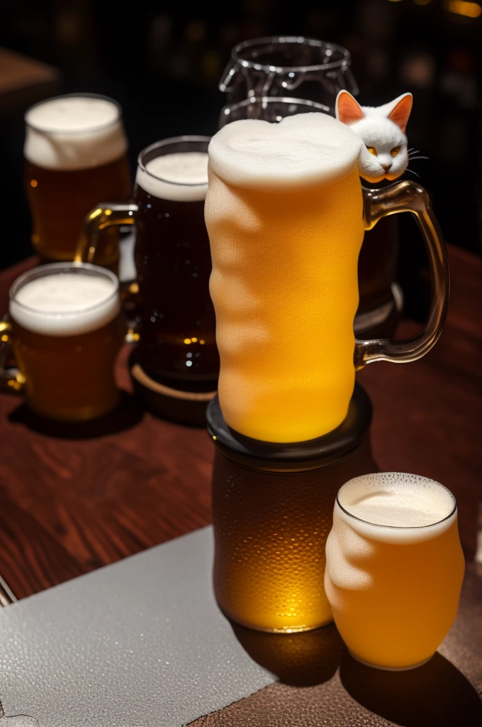 Fantasy beer on an intricate glass, made from cat sculptures, foam in the form of a cat, cat with red eyes, (absurdly charming cute, Standing in honor:1.2), beer foam , (Beer foam texture :1.3),