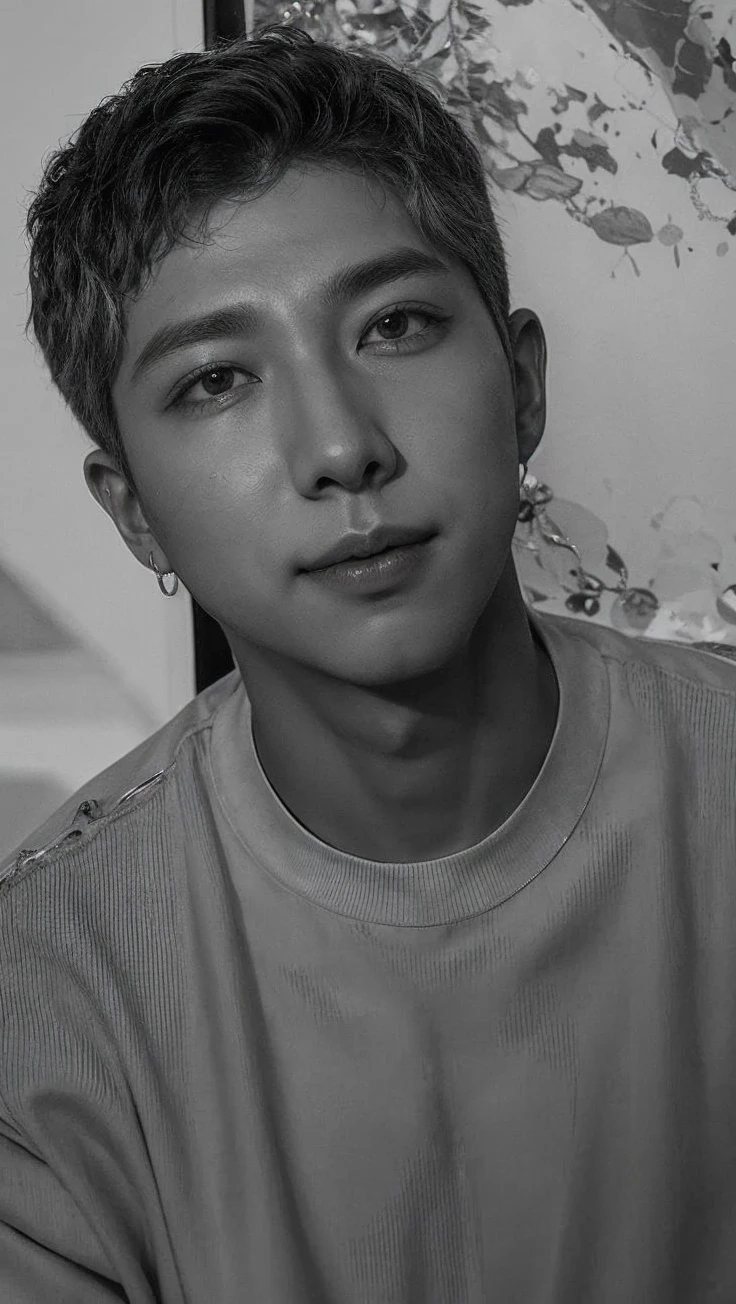 Kim Namjoon BTS member white shirt silver chain necklace with silver dagger pendant amber eyes dimples on cheeks