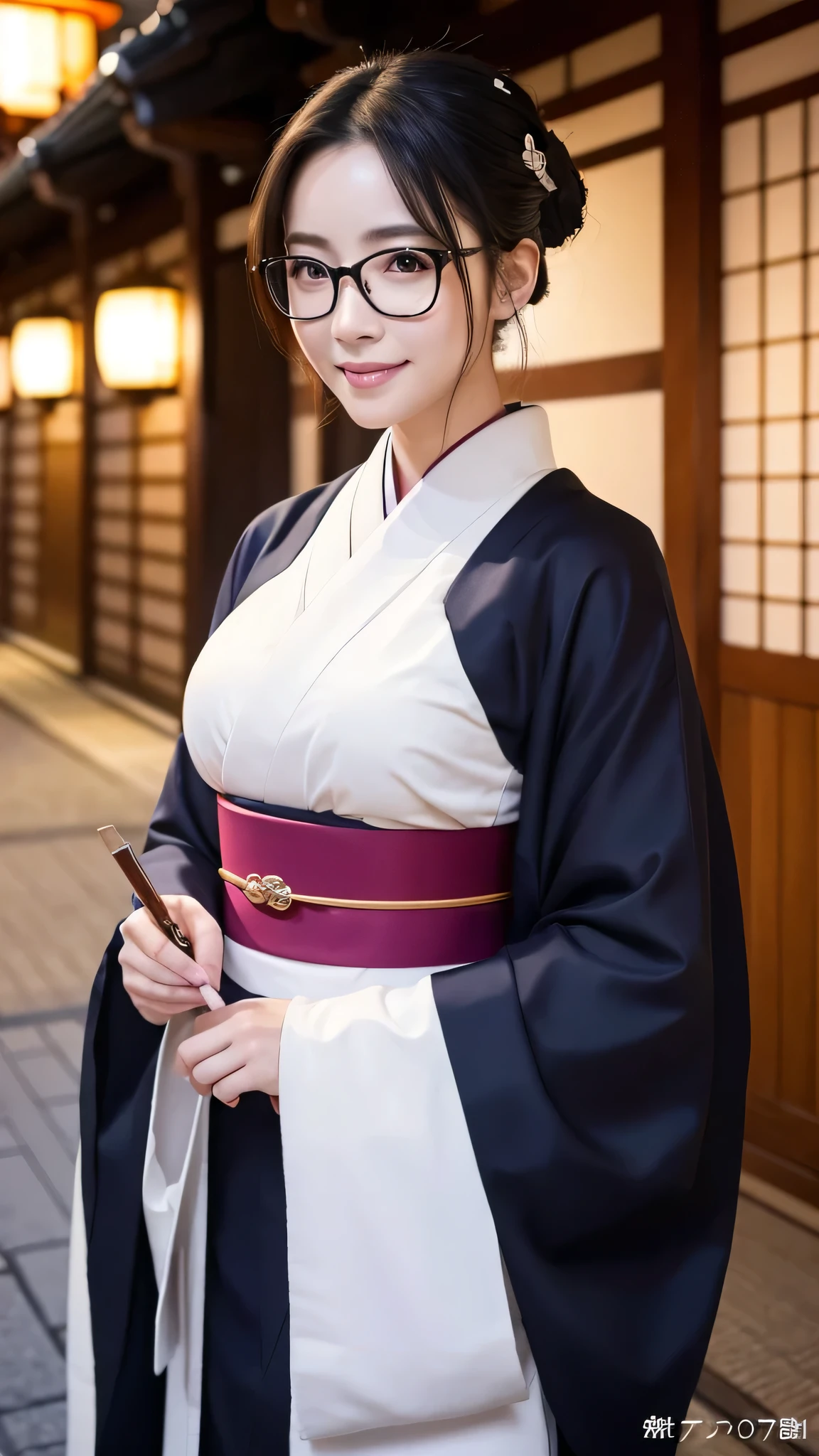 (Super beautiful woman in kimono)、((highest quality、8K masterpiece:1.3))、sharp focus:1.2、(super beautiful face:1.0)、(shiny skin:1.0)、realistic pictures、black hair、video lighting、High resolution eyes and face、video lighting、japanese actress、from the front、big breasts、with a happy smile、Slender abs beauty、whole body、wearing a kimono、in Kyoto、(((luxury obi)))、In Kyoto at night、wearing glasses with no edge、with a fan