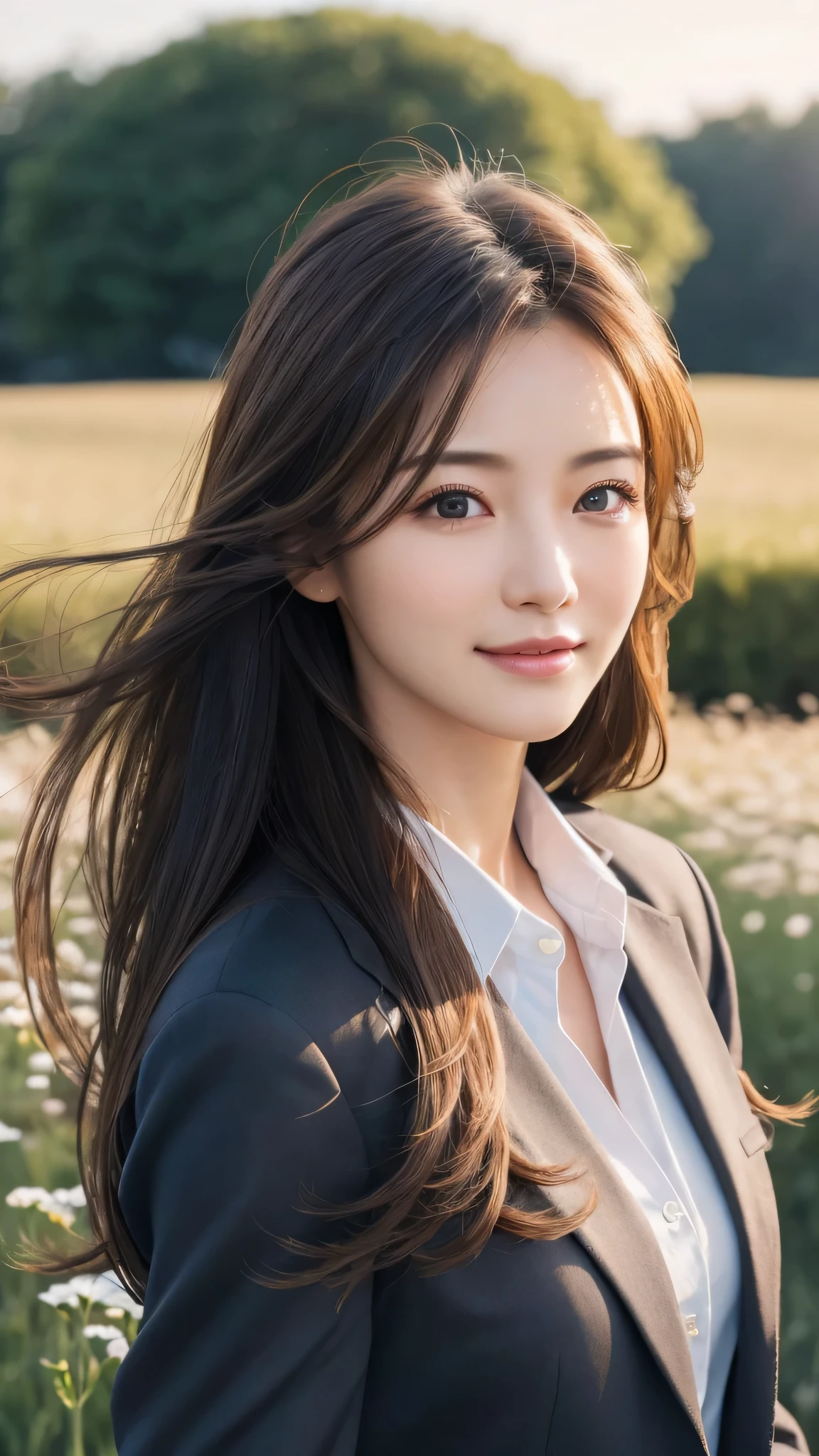 highest quality、genuine、Super detailed、finely、High resolution、8k wallpaper、one beautiful woman、、、light brown disheveled hair、wearing a business suit、sharp focus、perfect dynamic composition、beautiful and detailed eyes、thin hair、Detailed genuine skin texture、smile、model body shape、In a windswept meadow