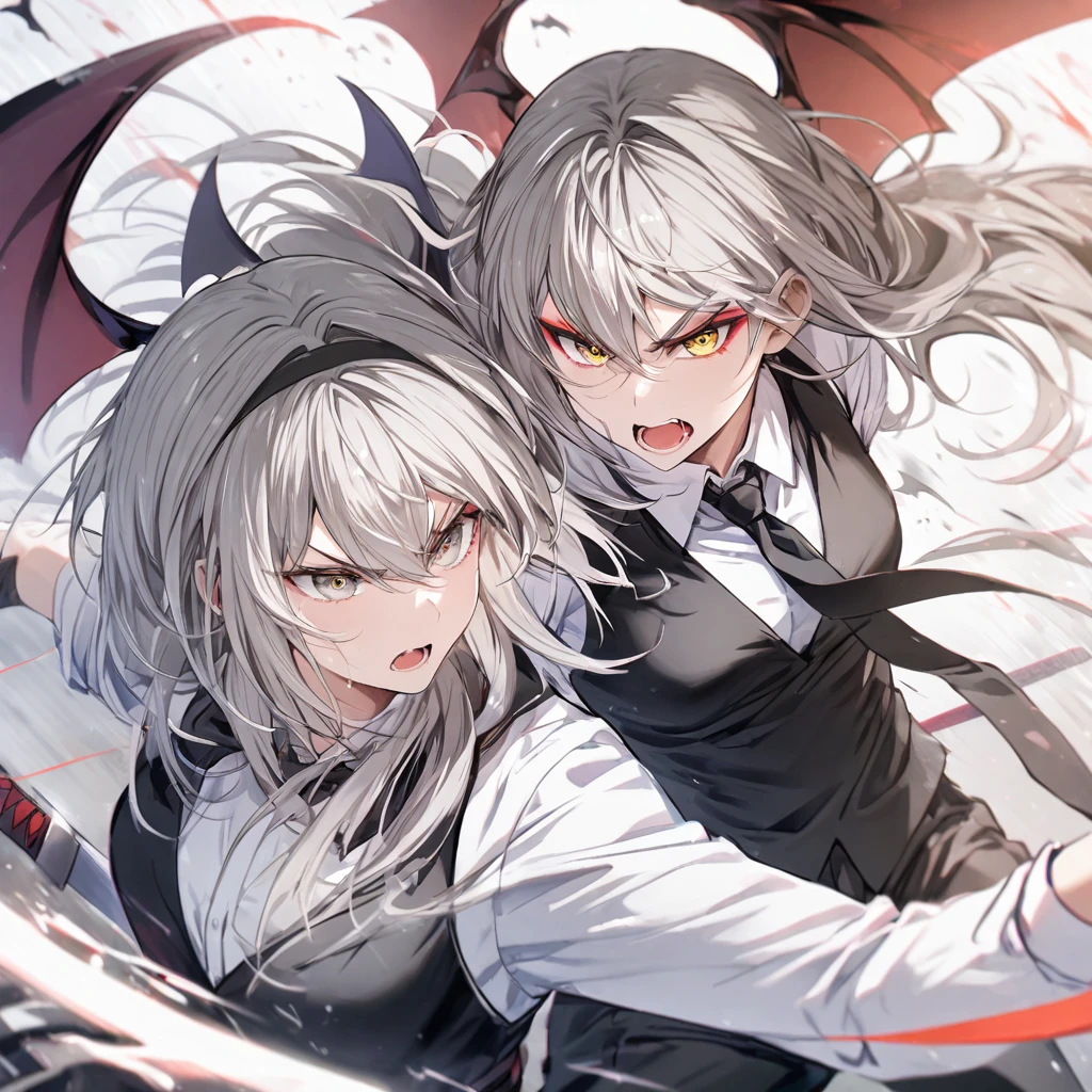 Light gray hair, sword fighting, golden eyes, black tie, black vest, white shirt, red makeup, bat wings