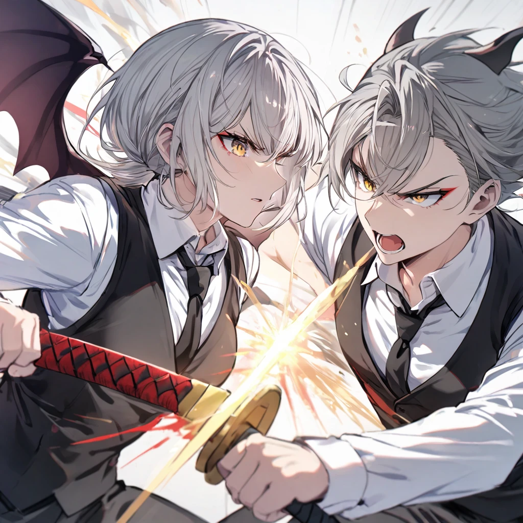 Light gray hair, sword fighting, golden eyes, black tie, black vest, white shirt, red makeup, bat wings