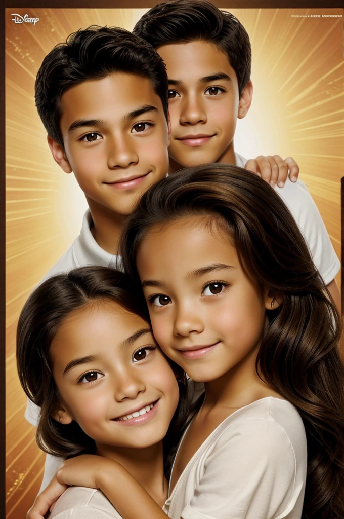 A cute Disney-type poster with two boys between the age of 18 and 19, the girl has wavy brown hair with honey-colored eyes and light skin and the boy has black Chinese hair with honey-colored eyes and his skin is light. brunette who are carrying a skinny Chihuahua puppy with light brown fur and black eyes
