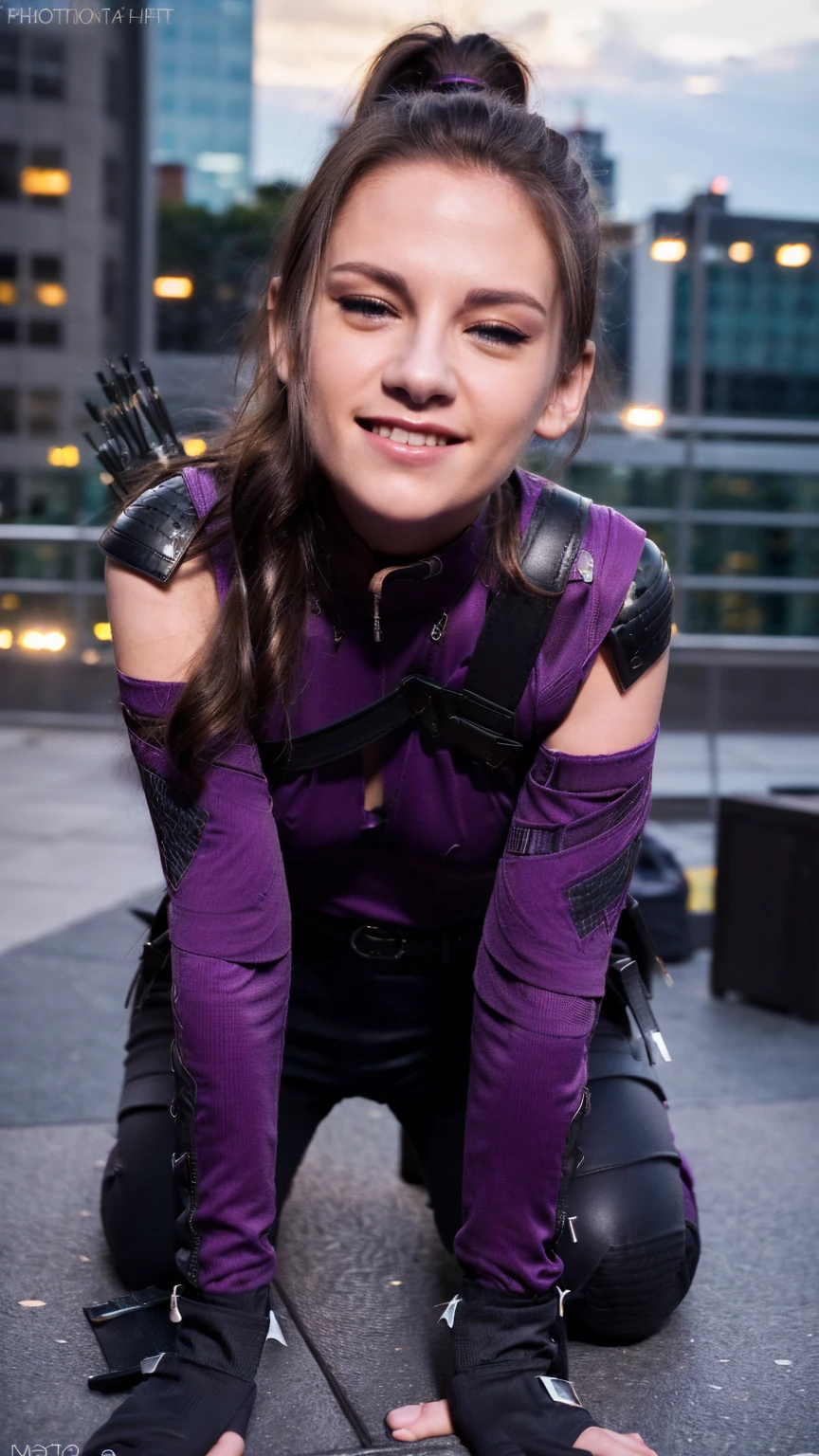 (masterpiece), (photorealistic1.4), (epiCRealLife), (lora:KateBishopFNLoRA:1.0 ribbed bodysuit costume), (KateBishopFNLoRA black leather pants), (KateBishopFNLoRA utilities belt), (leg holster) (KateBishopFNLoRA black gloves), (Kate Bishop Purple Costume),, (epiCFlashPhoto), (harness), (medium height), (bow & arrow on back), (medium figure),(ponytail), (young woman), ,(flashphoto), (flash photography), (make up),(kst3w-v2 laugh), (Kristen Stewart laugh),(pose for picture), )close up, , (sunset), (on New York Rooftop), (New York Cityscape), (kneeling poses), 