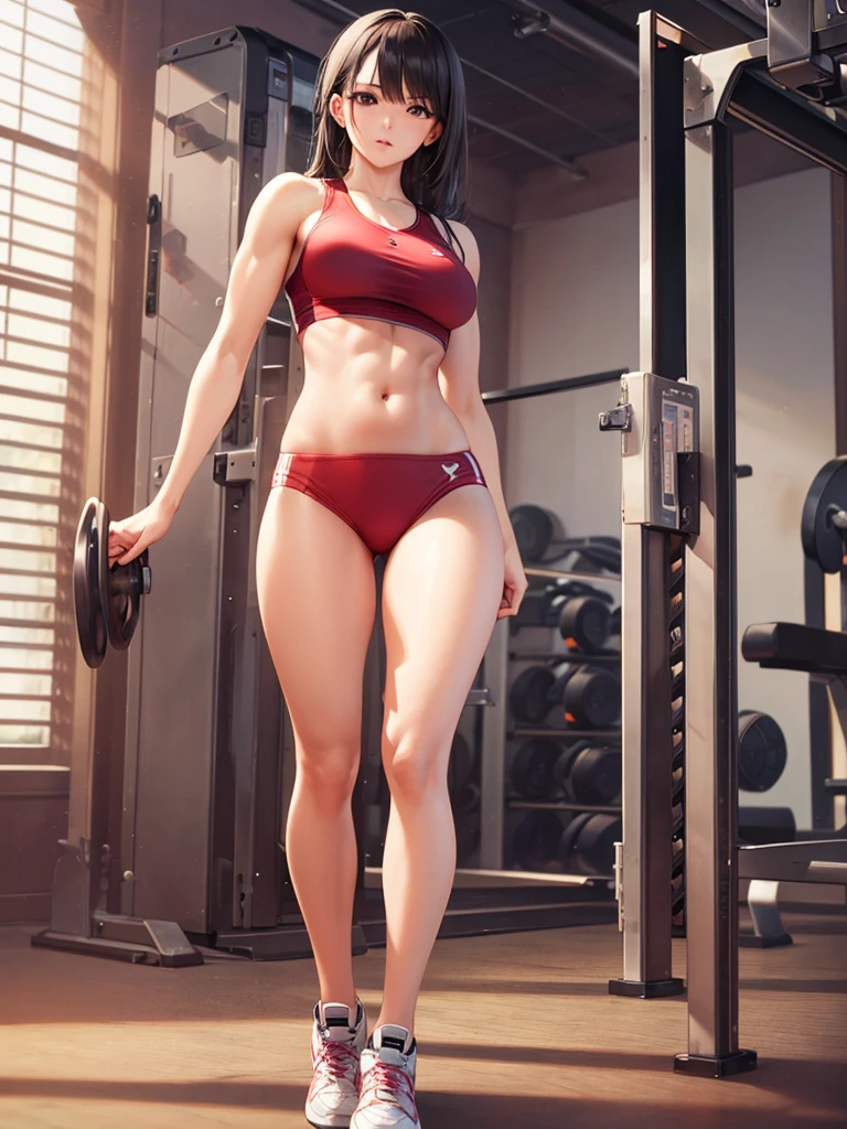 by Wlop,(Masterpiece),(Highest quality:1.4), (Highest Detailed:1.3), woman at a gym, well-defined body, marvelous, pose, very detailed body, fitness girl, STANDING, standing pose, fitness model, skinny, Red sneakers, ultra detaild, best qualityer, relaxed arms, hands down, ankle,perfect female body, (Rendered in ultra-high definition, (UHD) resolution 8K:1.4), full perfect beautiful body
