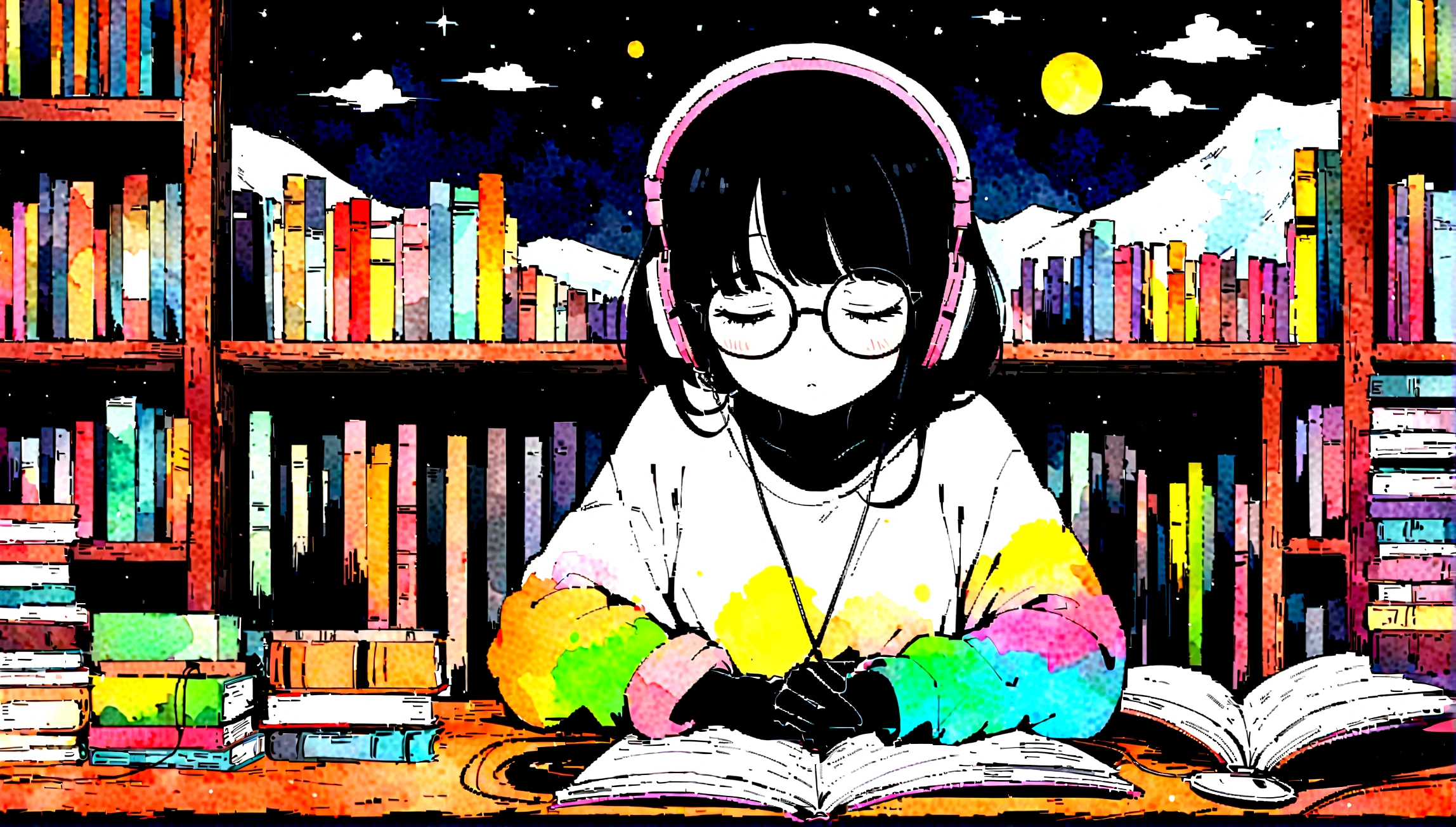 masterpiece, high quality cg, black anime, illustration, best quality, 1 black girl, black skin, no hands visible, beautiful face, detailed face, correct hand shape dokkaebi, solo, looking at viewer, black hair, round glasses , hair behind the ears, anime girl studyin, in her room, dreaming, wearing headphones, too many books, bookshelves, night light, big window view, snowy day, too much snow. Analog color theme. Lo-Fi Hip Hop, retrospective flat. 2.5D. Line Drawing, Ink Painting, Big Gradient, Watercolor Painting, Goose Color, Studio Ghibli Style, Cool Colorful, Outer Color, krautrock, lofi art, 70's style, old textures, amplitude, psychedelic vibes, masterpiece, Amazing technology. dita complete delle mani mani perdfette mani e dita perfette