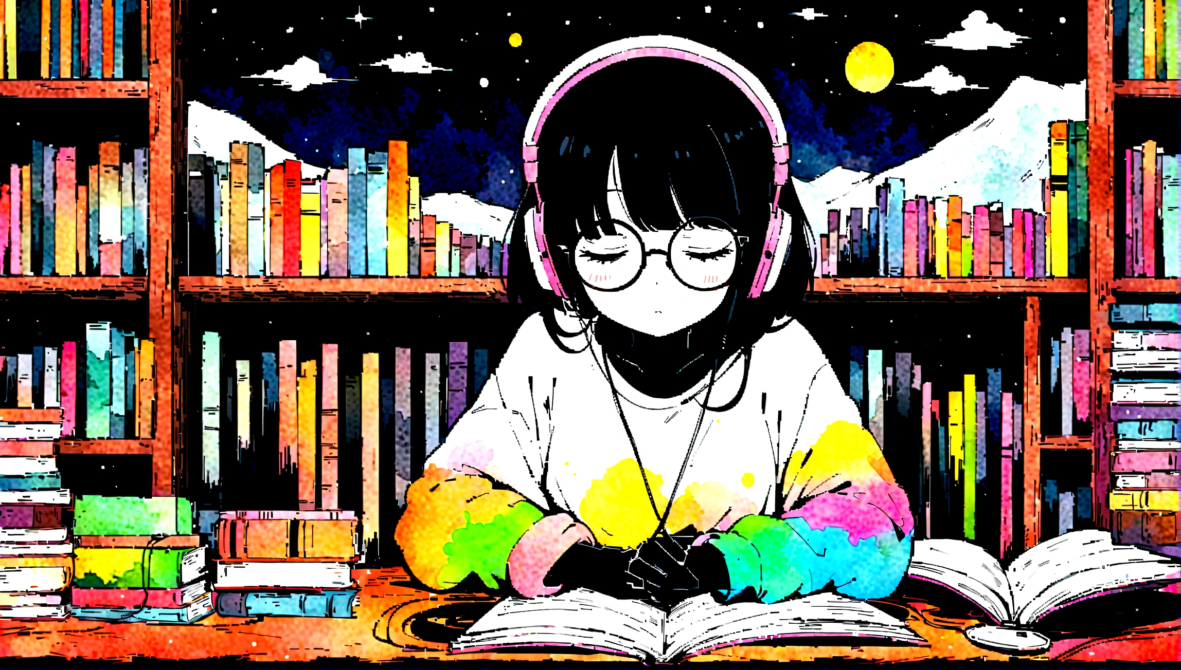 masterpiece, high quality cg, black anime, illustration, best quality, 1 black girl, black skin, no hands visible, beautiful face, detailed face, correct hand shape dokkaebi, solo, looking at viewer, black hair, round glasses , hair behind the ears, anime girl studyin, in her room, dreaming, wearing headphones, too many books, bookshelves, night light, big window view, snowy day, too much snow. Analog color theme. Lo-Fi Hip Hop, retrospective flat. 2.5D. Line Drawing, Ink Painting, Big Gradient, Watercolor Painting, Goose Color, Studio Ghibli Style, Cool Colorful, Outer Color, krautrock, lofi art, 70's style, old textures, amplitude, psychedelic vibes, masterpiece, Amazing technology. dita complete delle mani mani perdfette mani e dita perfette