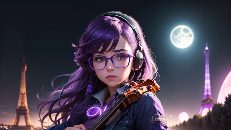 Good retro wave, A girl with glasses, purple hair, a violin on the dirt road, with headphones from ear, naturey, blue neon lights, purple and green, in the background full moon with flow of energy, Eiffel Tower, night sky, futurist, (work of art, ultra detaild, A high resolution) , I DON'T WANT HUMANS, There is a flow of energy, very real scenario, clear shades of purple and blue, ultra details.